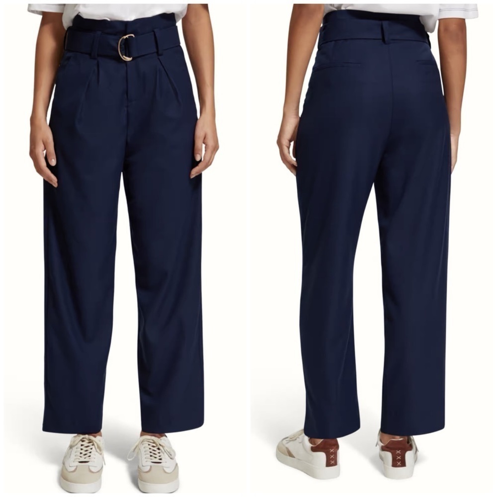 New Scotch & Soda Daisy High Rise Straight Leg Paperbag Trousers Pants Navy 32